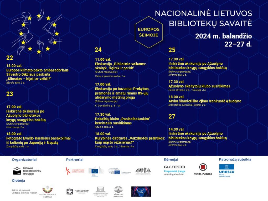 Kaip ir kiekvieną pavasarį, balandžio 23–29 d., vyks Lietuvos bibliotekininkų draugijos organizuojama Nacionalinė Lietuvos bibliotekų savaitė.