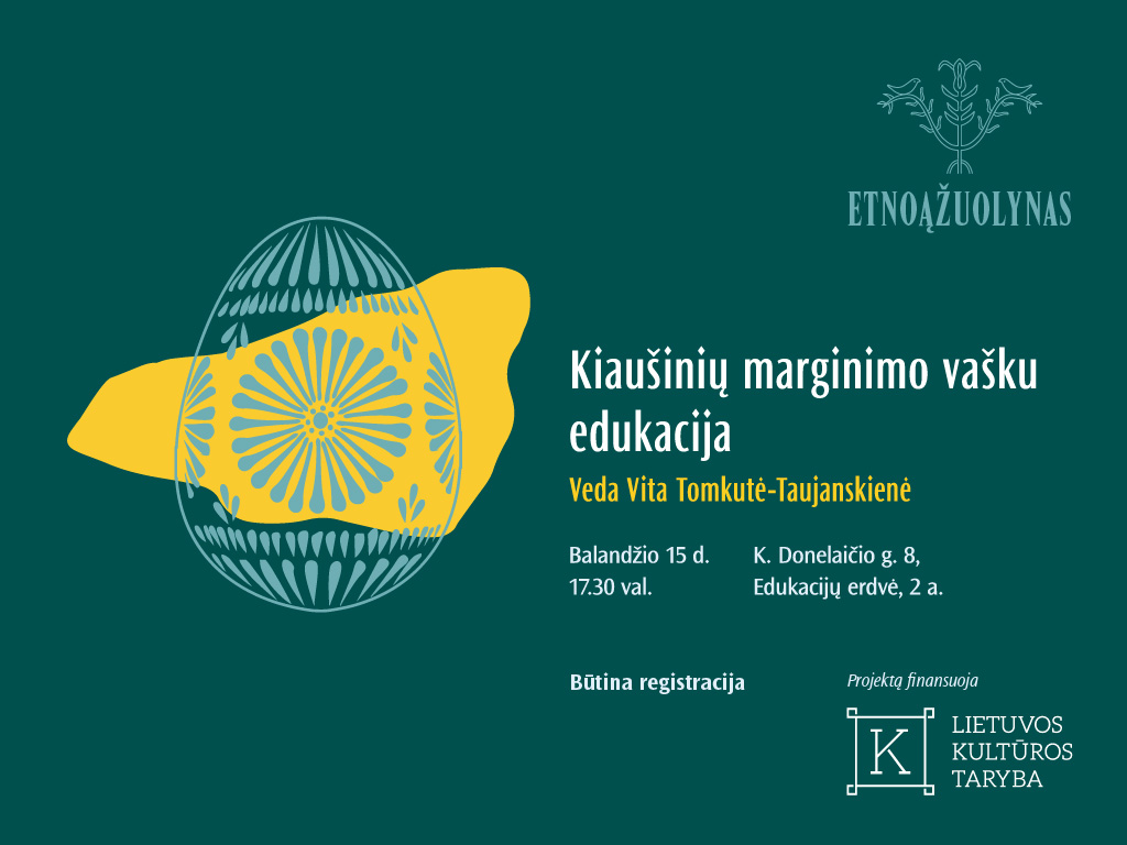 Balandžio 15 d. 17.30 val. Ąžuolyno biblioteka kviečia į Edukacijų erdvėje (K. Donelaičio g. 8, 2 a.) vyksiančią kiaušinių marginimo vašku edukaciją. Per Kūčias žmonės dalijasi kalėdaičiu, o per šv. Velykas – velykaičiu. Taip vadintas kukliai viena spalva nudažytas ar puošniai numargintas velykinis kiaušinis. Tradiciškai lietuviai juos margino išskutinėdami ar vašku išrašydami įvairiausius ornamentus. Kviečiame, padedant sertifikuotai tautinio paveldo produktų kūrėjai Vitai Tomkutei-Taujanskienei, vašku nusimarginti kiaušinių ir jais papuošti Velykų stalą. Dirbtuvės nemokamos. Numatoma trukmė – 1,5 val. Skirtos suaugusiesiems ir vaikams nuo 7 metų. Pagal galimybes prašome atsinešti vieną ar kelis virtus kiaušinius. Svarbu: vietų skaičius ribotas. Registruotis galite čia: čia Maloniai kviečiame atvykti! Edukacija yra sudėtinė projekto „Etnoąžuolynas: paveldo pažinimo ir kūrybos erdvė“ renginių dalis. Projektą finansuoja Lietuvos kultūros taryba. Renginio metu bus fotografuojama ir / ar filmuojama, todėl informuojame, kad jūs galite būti matomi renginio nuotraukose ar vaizdo įrašuose, kurie gali būti paskelbti įvairiose medijos priemonėse.