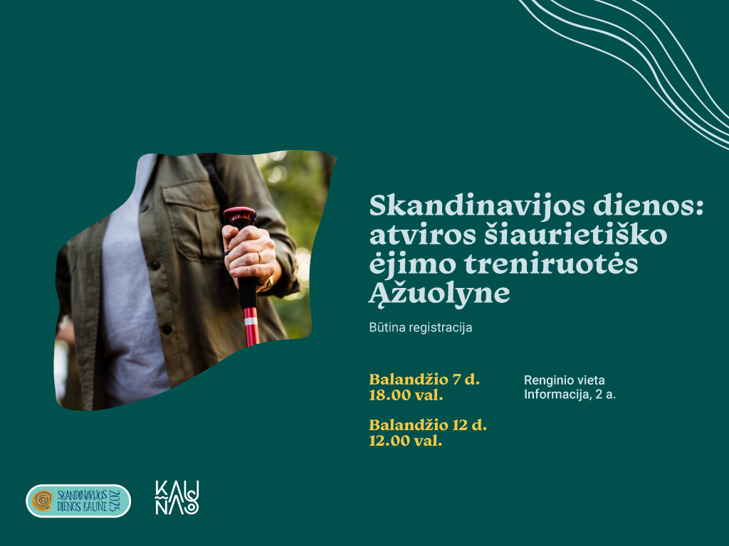 Ąžuolyno biblioteka (Radastų g. 2) šiais metais ir vėl kviečia švęsti Skandinavijos dienas ir jų proga išbandyti įvadinę šiaurietiško ėjimo treniruotę Ąžuolyne. Jus lydės profesionalus Startwalking.lt treneris. Treniruotės metu susipažinsite su šiaurietiško ėjimo kilme bei gausite trumpą apmokymą ir pasivaikščiojimą po Ąžuolyną. Kviečiame registruotis į pasirinktą treniruotę: 1. Balandžio 7 d. 18.00 val. Registruotis galite paspaudus šią nuorodą. 2. Balandžio 12 d. 12.00 val. Registruotis galite paspaudus šią nuorodą. Susitikimo vieta: tiksli susitikimo vieta bus pateikta laiške likus kelioms dienoms iki treniruotės. Ėjimo įranga: Šiaurietiško ėjimo įrangą prisiregistravusiems dalyviams suteiks Ąžuolyno biblioteka. Jei ketinate atsinešti savo lazdas prašome tai pažymėti registracijoje. Dalyvių skaičius ribotas. Viename užsiėmime gali dalyvauti 20 žmonių. Dalyviams bus išsiųsti priminimo laiškai likus kelioms dienoms iki treniruotės. Šis renginys yra dalis Skandinavijos dienų Kaune. Renginio metu bus fotografuojama ir / ar filmuojama, todėl informuojame, kad jūs galite būti matomi renginio nuotraukose ar vaizdo įrašuose, kurie gali būti paskelbti įvairiose medijos priemonėse.