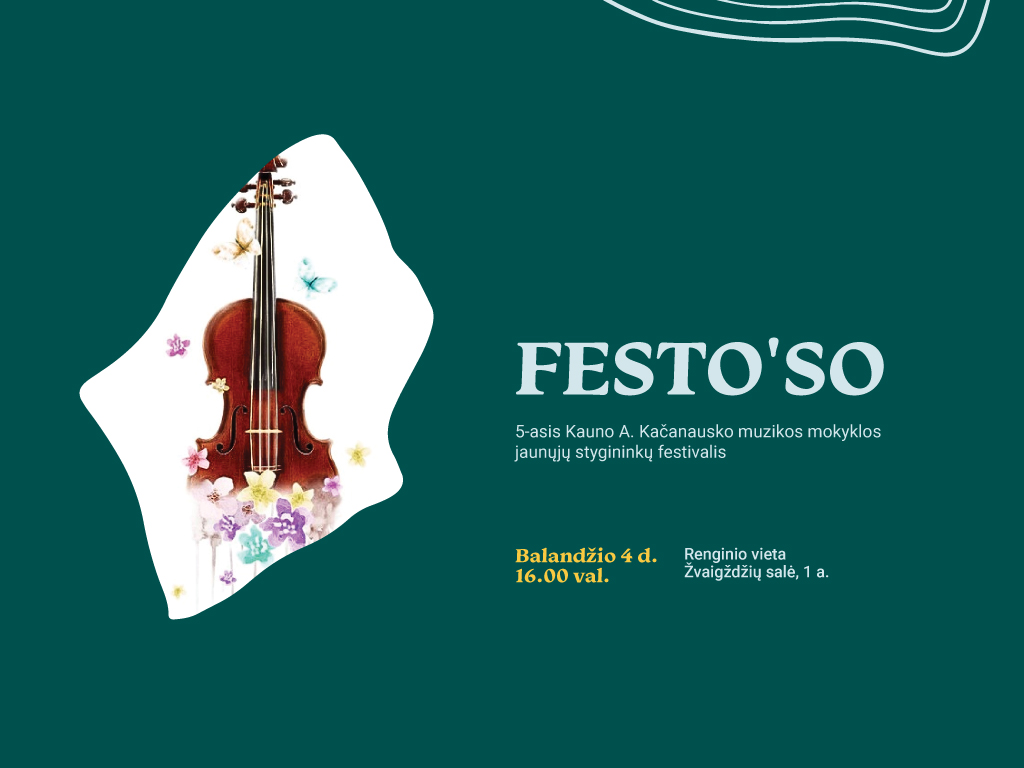 Balandžio 4 d., penktadienį, 16.00 val. Ąžuolyno bibliotekos Žvaigždžių salėje (Radastų g. 2, 1 a.) vyks 5-asis Kauno Aleksandro Kačanausko muzikos mokyklos jaunųjų stygininkų festivalis „Festo’so“. Šis festivalis prasidėjo 2015 metais ir iki šiol vyksta kas dvejus metus. Jame dalyvauja 1–4 klasių mokiniai. Tokiu būdu siekiama ne tik populiarinti muzikinę kultūrą, bet ir skatinti mokinius lavinti muzikinius gebėjimus, ieškoti individualios kūrinio interpretacijos ir meninės saviraiškos. Tai puiki galimybė jauniesiems muzikantams ugdyti artistiškumą bei įgyti sceninės patirties. Renginys nemokamas. Renginio metu bus fotografuojama ir / ar filmuojama, todėl informuojame, kad jūs galite būti matomi renginio nuotraukose ar vaizdo įrašuose, kurie gali būti paskelbti įvairiose medijos priemonėse.