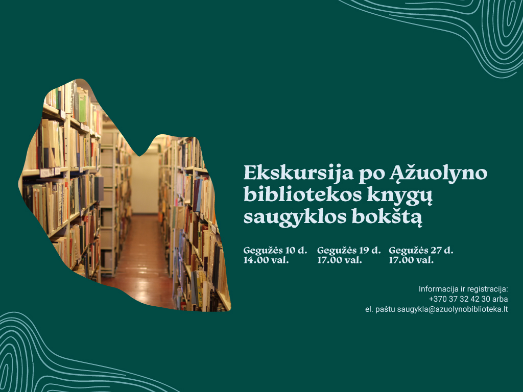 Kviečiame susipažinti su didžiausiu viešųjų bibliotekų spaudinių fondu Lietuvoje! Sužinosite, kas ir kaip jame saugoma, kaip iš šio fondo knyga nukeliauja iki vartotojo, pamatysite seniausią, mažiausią, didžiausią ir sunkiausią čia esančias knygas, pasigrožėsite miesto panorama, atsiveriančia pro viršutinio saugyklos aukšto langus. Taip pat turėsite galimybę išbandyti bibliotekininko profesiją ir surasti iš šio fondo užsakytą knygą. Ekskursijos vieta: Radastų g. 2 Ekskursijos trukmė: apie 1 val. Grupės dydis: iki 20 žmonių Grupės nuo 10 žmonių gali užsisakyti ekskursiją individualiai. Informacija ir užsakymas: +370 37 32 42 30 arba el. paštu saugykla@azuolynobiblioteka.lt