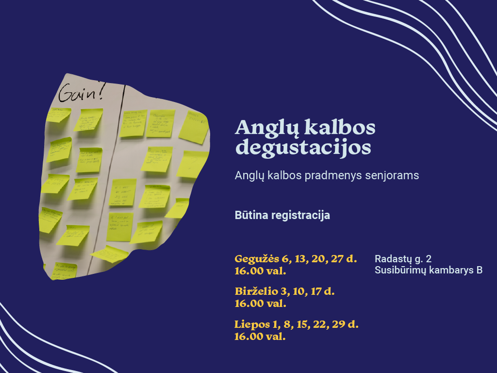 Buriame naują anglų kalbos pradmenų pamokų grupę! Gegužės–liepos mėnesiais senjorus kviečiame į Susibūrimų kambaryje B (Radastų g. 2, 4 a.) vyksiančias „Anglų kalbos degustacijas“ – susitikimus, kuriuose galėsite išmokti anglų kalbos rašybos, skaitymo ir kalbėjimo pagrindų.