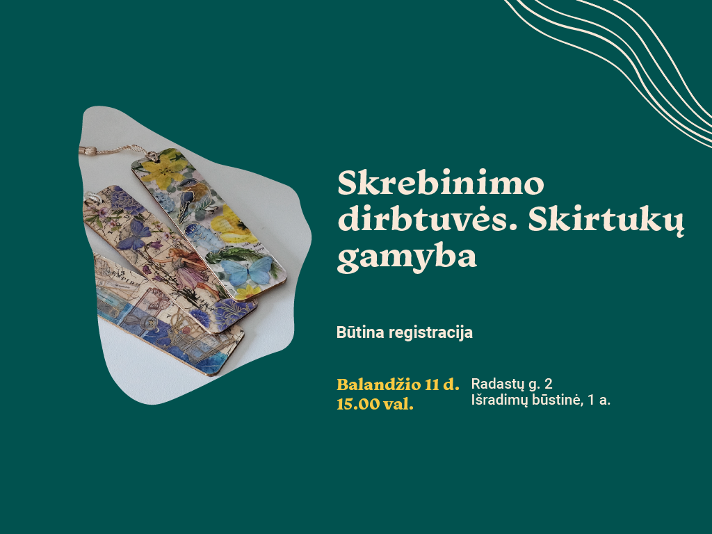 Kviečiame į kūrybines dirbtuves, kuriose darysime knygų skirtukus scrapbooking (skrebinimo) technika.